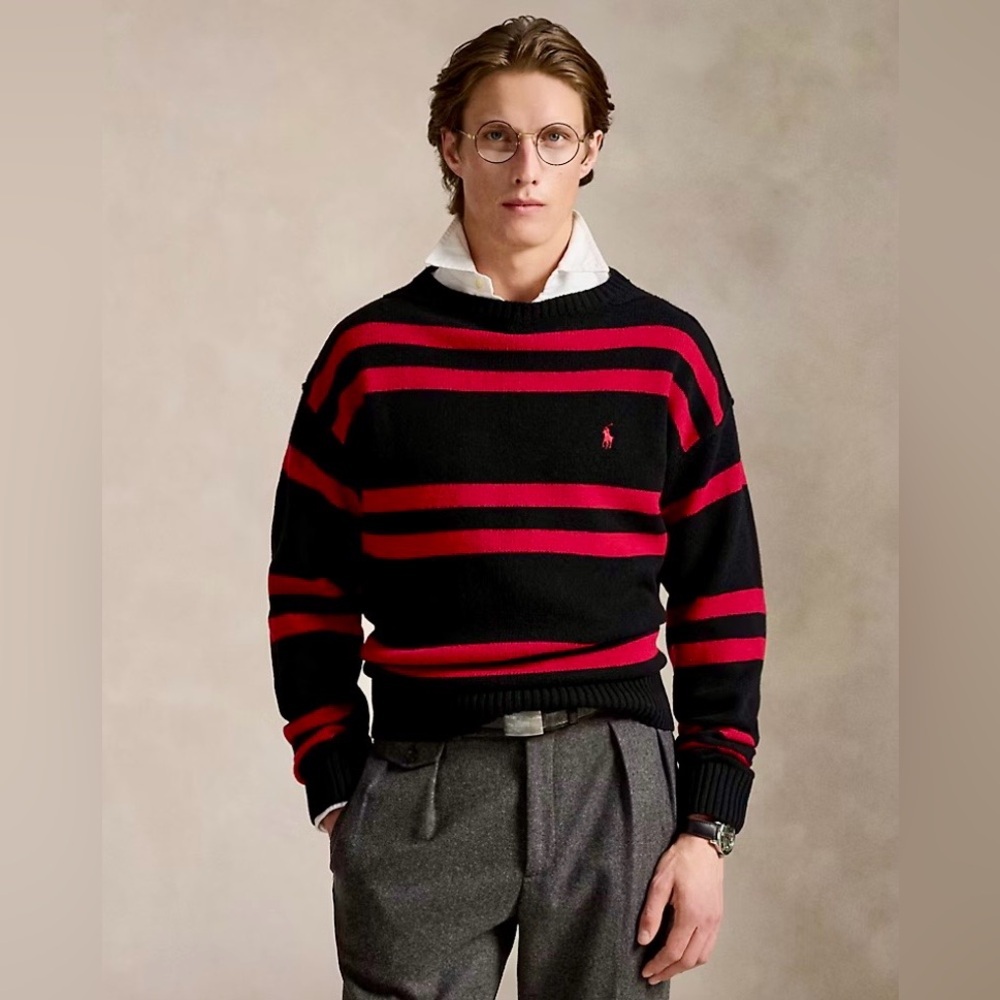 Men’s Ralph Lauren Red and Black Striped Wool Sweater Size XL New Without Tag